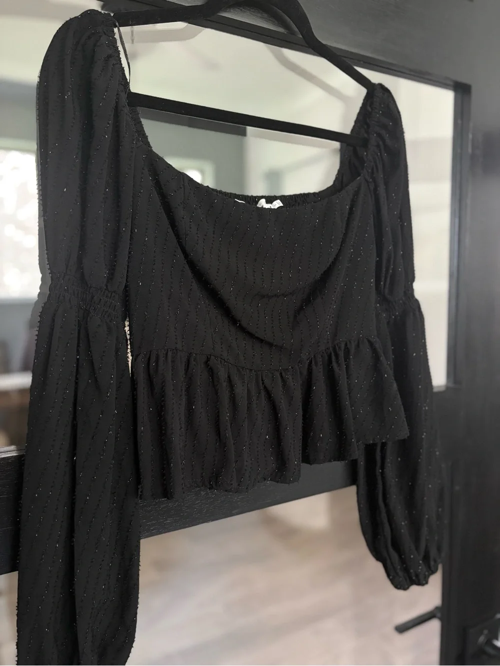 ASTR The Label Black Textured Peplum Puff Sleeve Square Neck Top Revolve - Small